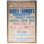 ‘Harold Larwood’s Benefit’ 1936. Original large poster advertising the match, Forest Hill XI v.