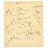 All India tour to England 1936. Album page signed in pencil by thirteen members of the 1936 India