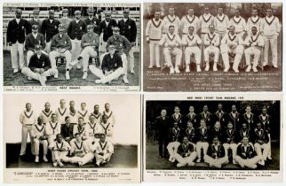 West Indies tours of England 1906, 1928, 1933 and 1939. Four team postcards, one sepia, three