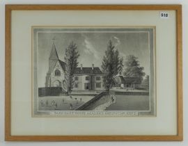 ‘Bark-Hart-House Academy, Orpington, Kent’. circa 1820. Mono print of boys playing games in fenced