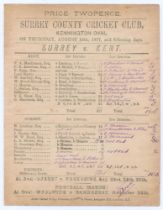 ‘Surrey v. Kent’ 1877. Early original scorecard with complete printed and neat handwritten scores in