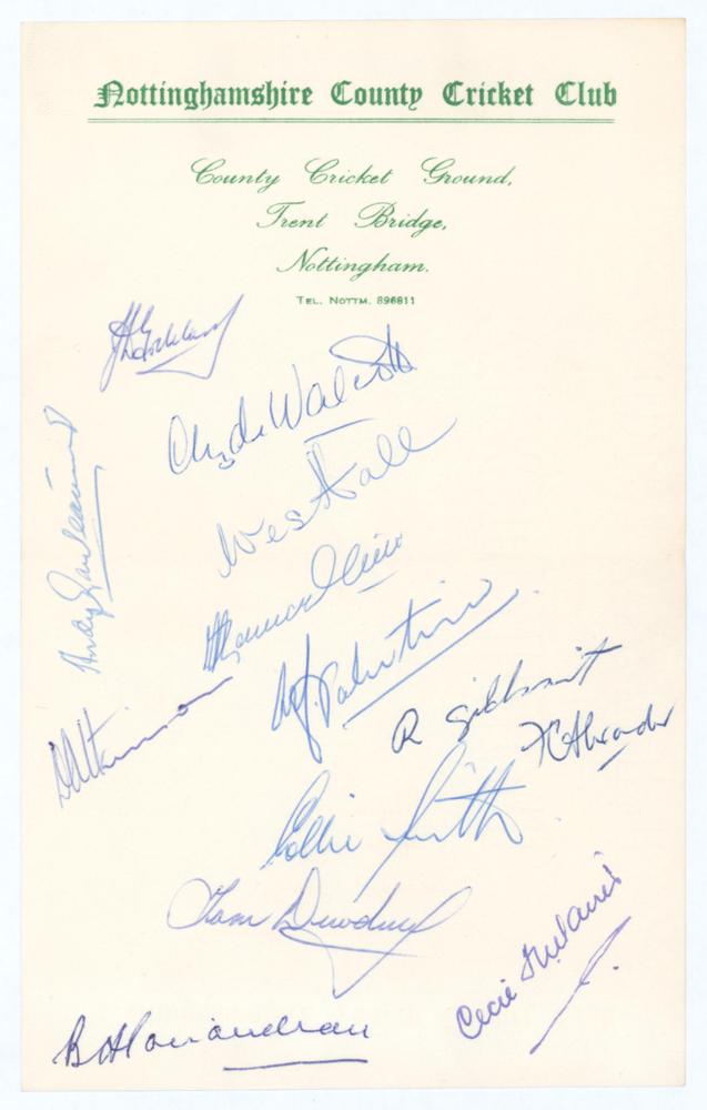 West Indies tour to England 1957. Nottinghamshire C.C.C. official letterhead signed in blue ink by