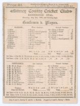 ‘Gentlemen v. Players’ 1885. Early original double sided scorecard with complete printed scored