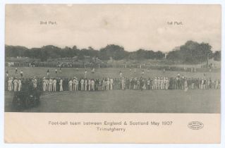 ‘Foot-ball team between England & Scotland May 1907. Trimulgherry [India]’. Early original mono