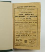 Wisden Cricketers’ Almanack 1932. 69th edition. Bound in dark green boards, with original paper