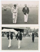 Don Bradman 1948. Mono real photograph plain back postcard of the captains, Bradman and R.W.V.