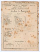 ‘England v. Australia’ 1884. Early official double sided scorecard with incomplete printed and