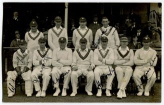 Sussex v Gloucestershire, Hove, May 1928. Mono real photograph postcard of the team, standing and