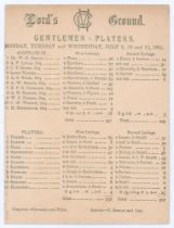 ‘Gentlemen v. Players’ 1883. Early original double sided scorecard with complete printed scores