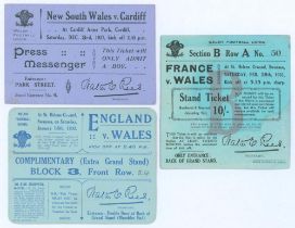 Welsh rugby union match tickets 1917-1932. Three original match tickets issued by the Welsh Rugby