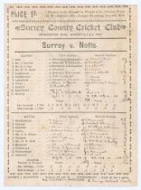 ‘Surrey v. Notts’ 1889. Early original single sided scorecard with complete printed and neatly