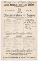 ‘Gloucestershire v. Sussex’ 1896. Early original double sided scorecard with complete printed scores