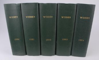 Wisden Cricketers’ Almanack 1960 to 1969. Ten editions bound in dark green boards, with original