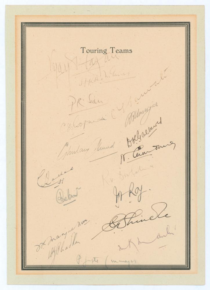 India tour to England 1952. Card with printed title ‘Touring Teams’ and borders, signed in ink (