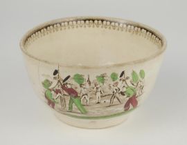 Village cricket bowl. Staffordshire 19th century bowl, transfer printed in sepia with three scenes