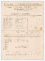 ‘England v. Australia’ 1888. Early original scorecard with incomplete printed and handwritten scores