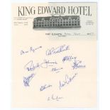 South Africa v England 1956/57. King Edward Hotel, Port Elizabeth letterhead signed in blue ink by