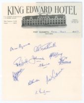 South Africa v England 1956/57. King Edward Hotel, Port Elizabeth letterhead signed in blue ink by