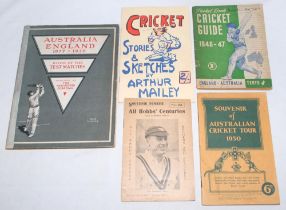 Cricket tour and statistical booklets 1925-1956. Five titles. ‘Australia v England 1877-1926. Book