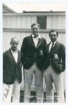 Kent C.C.C. c.1932. Mono real photograph postcard of Tich Freeman and Frank Woolley standing three