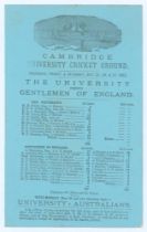 ‘The [Cambridge] University versus Gentlemen of England’ 1882. Early original double sided scorecard