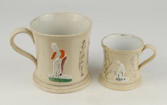 Cricket mugs. Two similar Staffordshire waisted mugs with strap handles and beaded rims. With