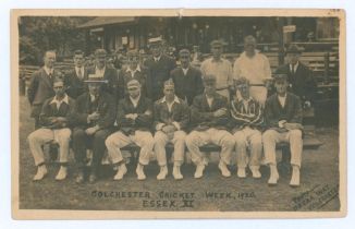 ‘Colchester Cricket Week 1920. Essex XI’. Original sepia postcard of the Essex team seated and