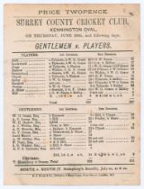 ‘Gentlemen v. Players’ 1876. Early original double sided scorecard with complete printed scores