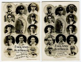 England v Australia 1926. Two sepia real photograph postcards each featuring cameos of thirteen