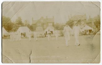 Sussex v Lancashire, Hove 1912. Sepia real photograph postcard of Captain Ranjitsinhji leading out