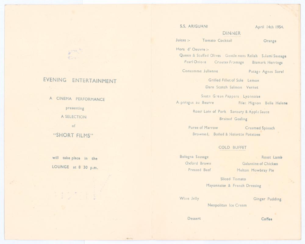 M.C.C. tour of the West Indies 1953/54. Fyffes Line ‘S.S. Ariguani’ official dinner menu with - Image 2 of 2