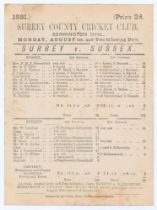 ‘Surrey v. Sussex’ 1881. Early original double sided scorecard with complete printed scores for