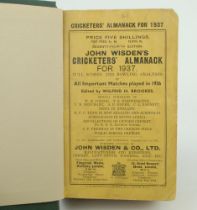 Wisden Cricketers’ Almanack 1937. 74th edition. Bound in dark green boards, with original paper
