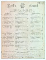 ‘Eton v. Harrow’ 1874. Early original scorecard with complete printed scores for the match played at