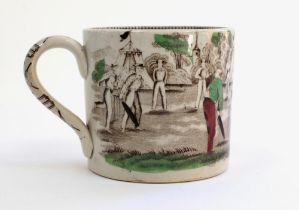 Village cricket mug. Staffordshire 19th century mug, transfer printed in black with two scenes of