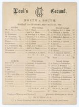 ‘North v. South’ 1872. Early original double sided scorecard for the match played at Lord’s 20th &