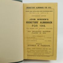 Wisden Cricketers’ Almanack 1915. 52nd edition. Bound in dark green boards, with original paper