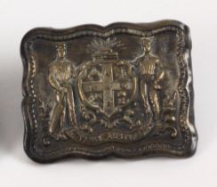 ‘Advance Australia’. Early exquisite Victorian embossed oblong brass belt buckle, with clasp and