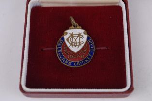 Melbourne Cricket Club metal and enamel membership medal for 1907-08. Number 4361 to back. Minor