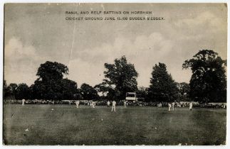 Sussex v Essex 1908. Mono printed postcard of the match in action with Ranji and Relf batting at