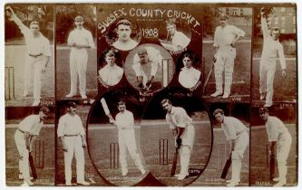 ‘Sussex County Cricket 1908’. Sepia real photograph postcard comprising cameo photographs of fifteen