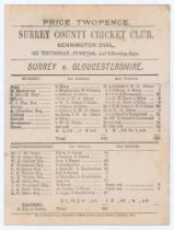 ‘Surrey v. Gloucestershire’ 1876. Early original single sided scorecard with complete printed scores