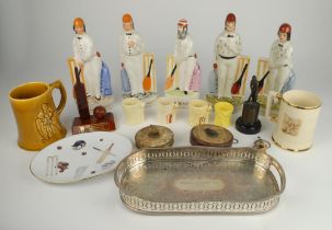 Cricket ceramics and metalware. A selection including reproduction Staffordshire figures (five