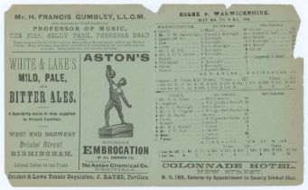 ‘Essex v. Warwickshire’ 1895. Early original double sided folding scorecard with complete printed