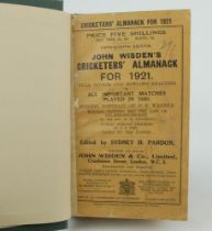 Wisden Cricketers’ Almanack 1921. 58th edition. Bound in dark green boards, with original paper