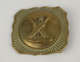 Cricket buckle. Early Victorian raised square brass belt buckle featuring crossed bats, stumps,
