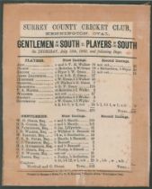 ‘Gentlemen of the South v. Players of the South’ 1869. Early original commemorative silk scorecard