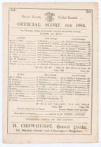 Sussex v. Kent 1884. Early original double sided scorecard with complete printed scores for the