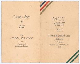 M.C.C. tour of South Africa 1948/49. Rare official folding luncheon menu for the ‘M.C.C. Visit’ to