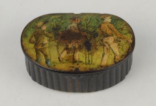 Cricket snuff box. A black lacquered papier mache kidney shaped snuff/pill box with hinged lid,